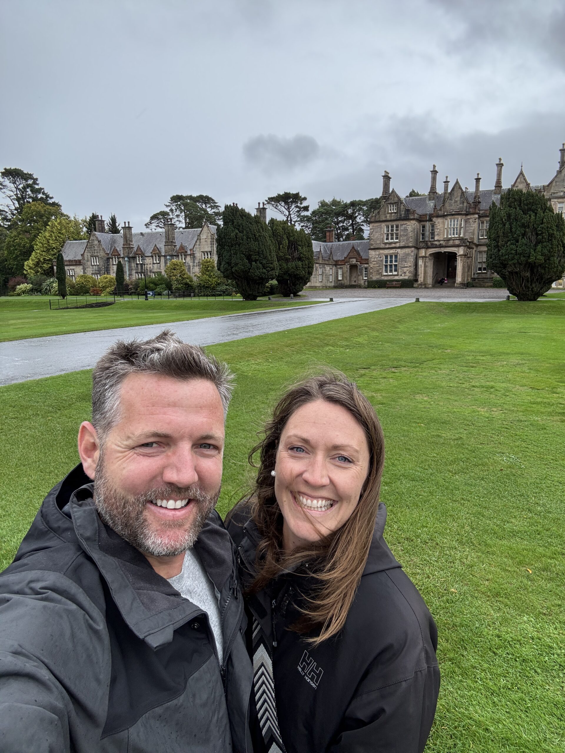 Nick and Dariece in front of Muckross House Victorian mansion in Killarney National Park