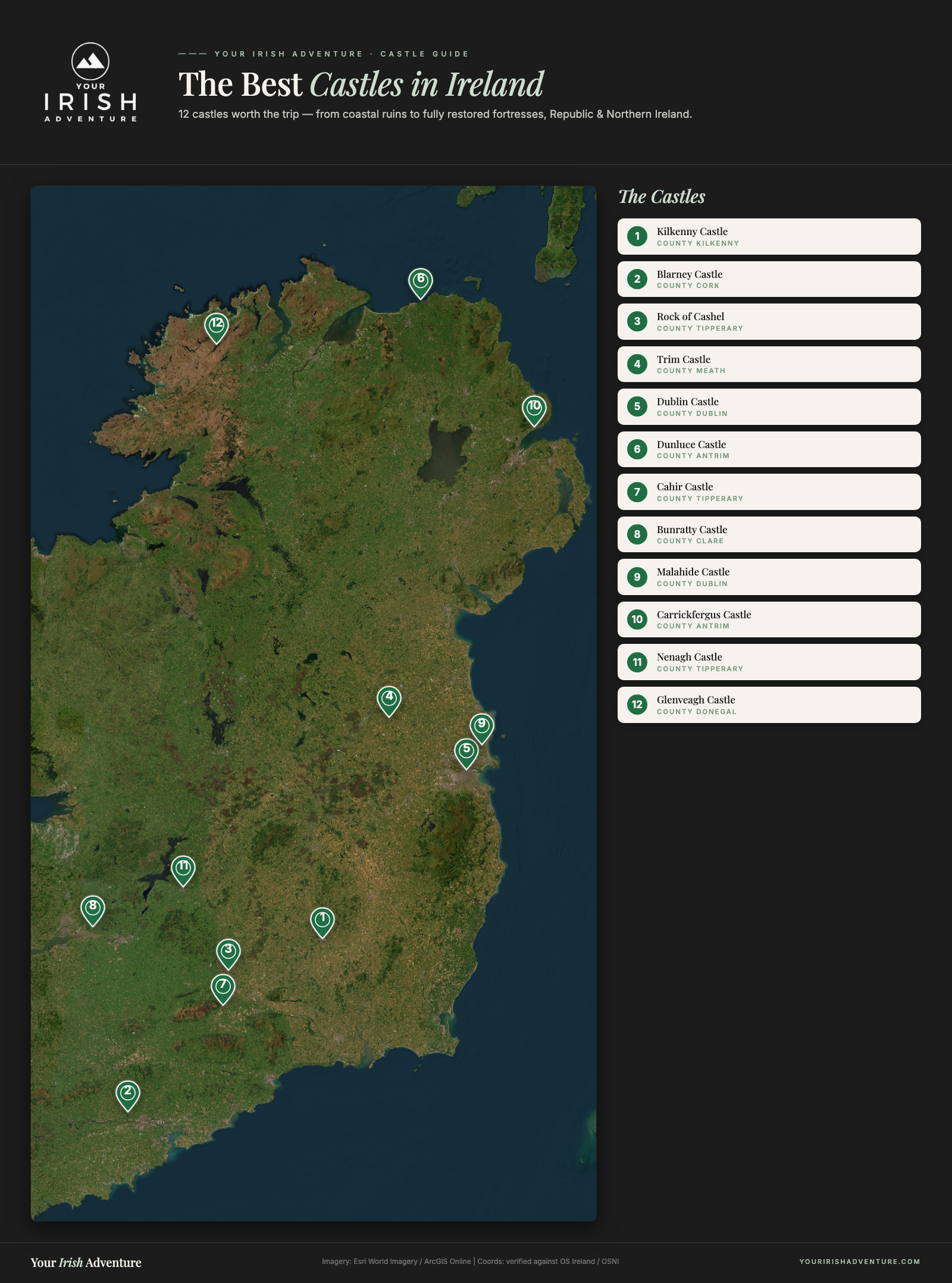 Satellite map of Ireland showing the 12 best castles numbered 1-12