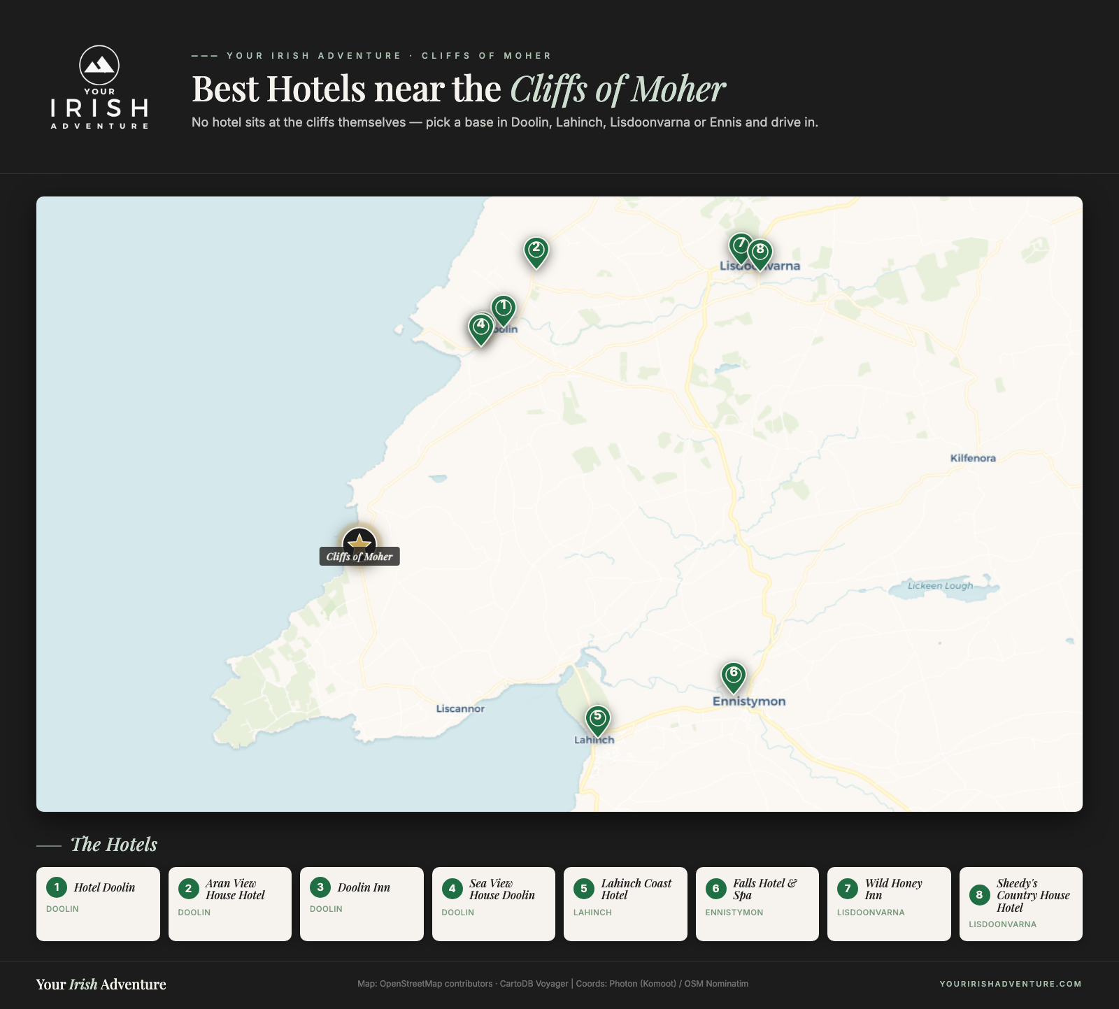Map of 8 hotels near the Cliffs of Moher in County Clare, organised by base town: Doolin, Lahinch, Lisdoonvarna and Ennistymon