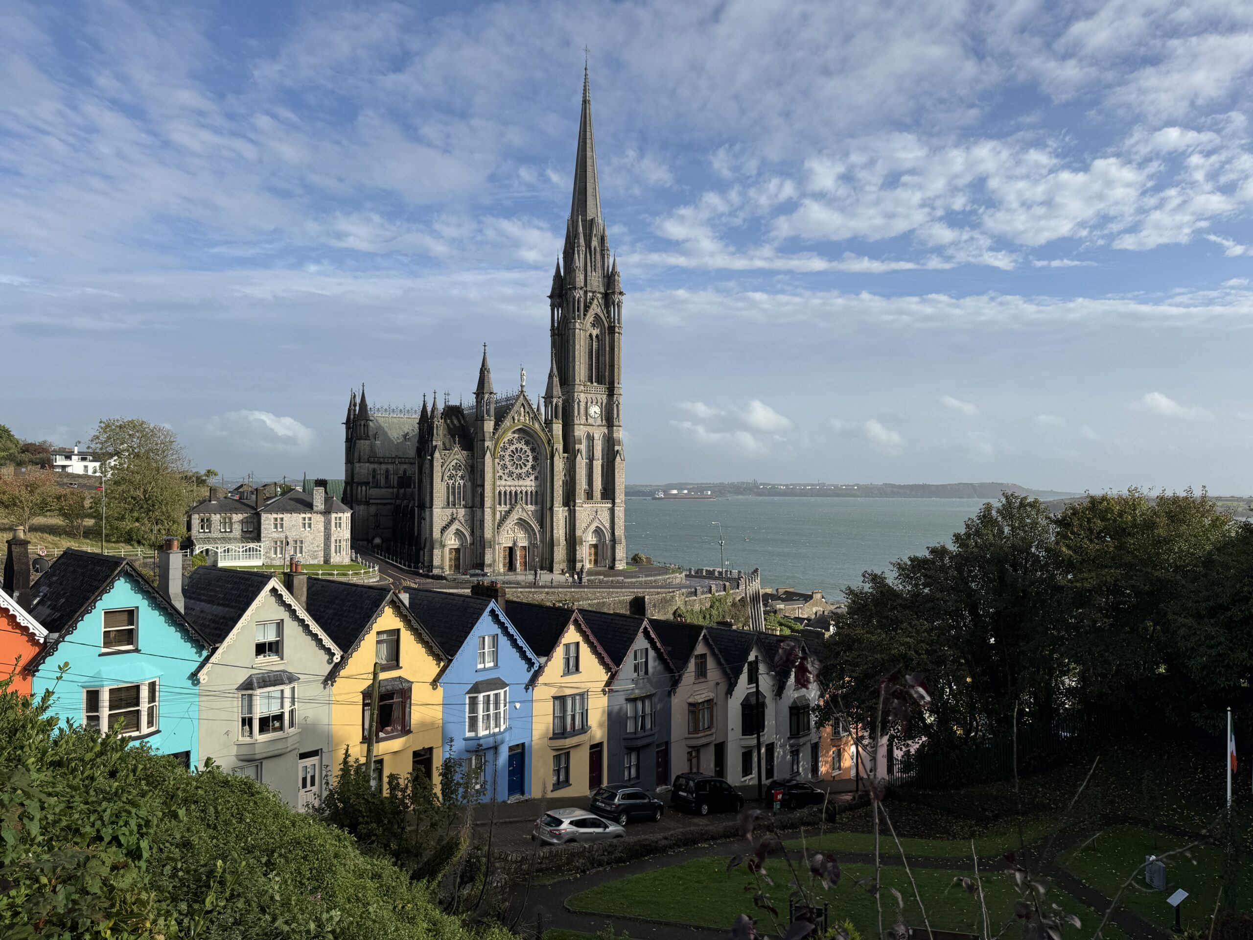 The Deck of Cards houses and St Colman's Cathedral above Cobh harbor