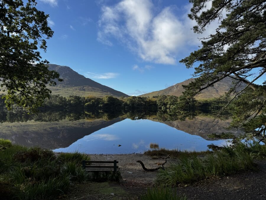 Mountains and trees perfectly reflected in a calm lake at Killarney National Park, Kerry