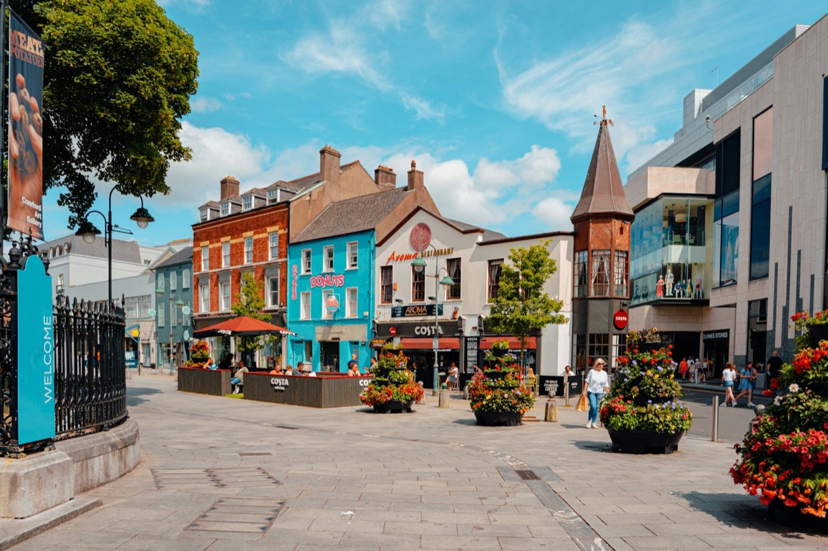Cork city street with colourful shopfronts, Ireland