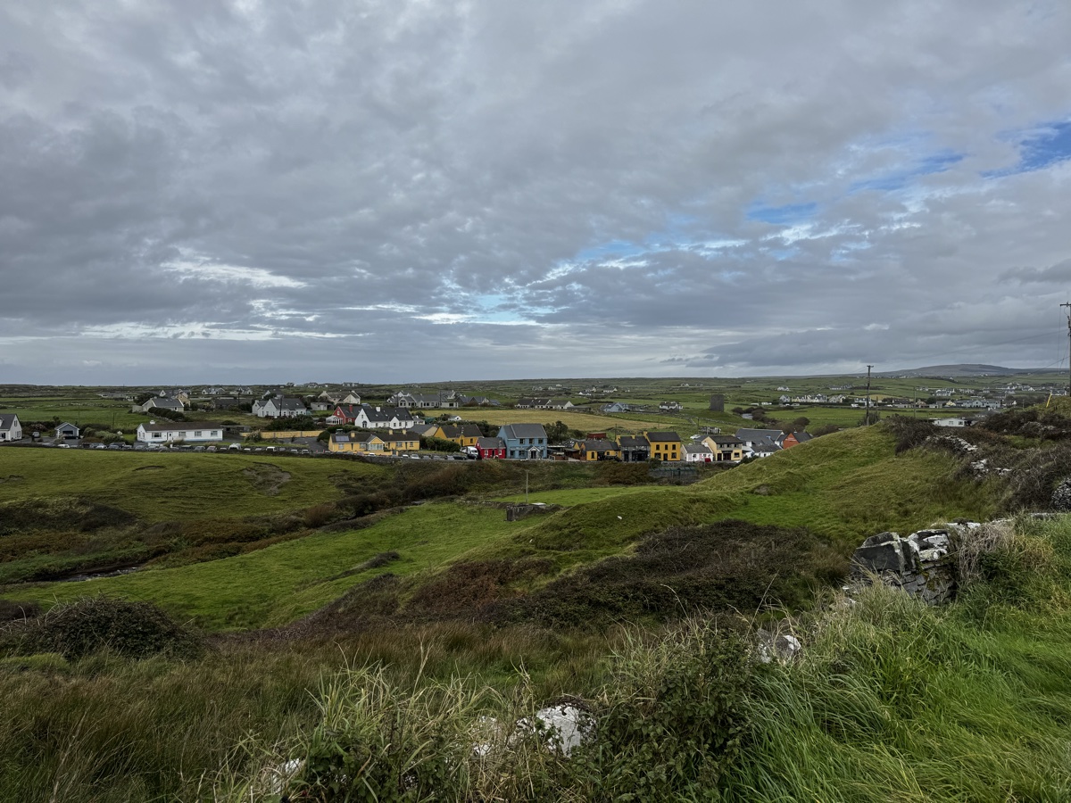 Aerial view over Doolin village and surrounding green fields, County Clare, Ireland