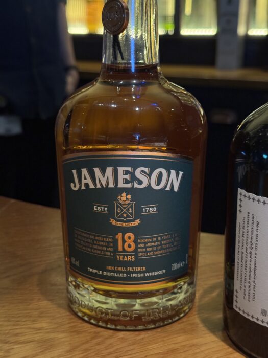 Jameson 18 Year Old Triple Distilled Irish Whiskey bottle at a Dublin whiskey bar
