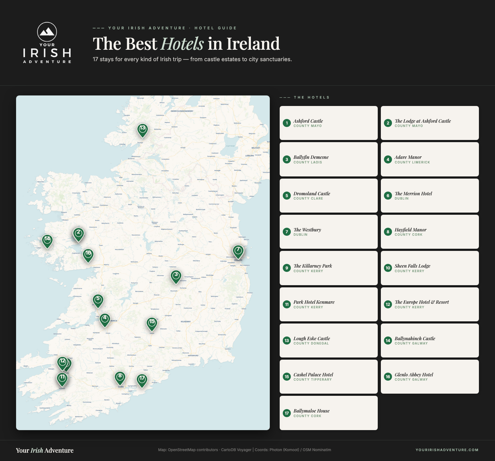 Map of Ireland with 17 best hotels pinned: Ashford Castle and The Lodge (Mayo), Ballyfin Demesne (Laois), Adare Manor (Limerick), Dromoland Castle (Clare), The Merrion and The Westbury (Dublin), Hayfield Manor (Cork), The Killarney Park and The Europe (Killarney), Sheen Falls and Park Hotel (Kenmare), Lough Eske Castle (Donegal), Ballynahinch Castle and Glenlo Abbey (Galway), Cashel Palace (Tipperary), and Ballymaloe House (Cork)