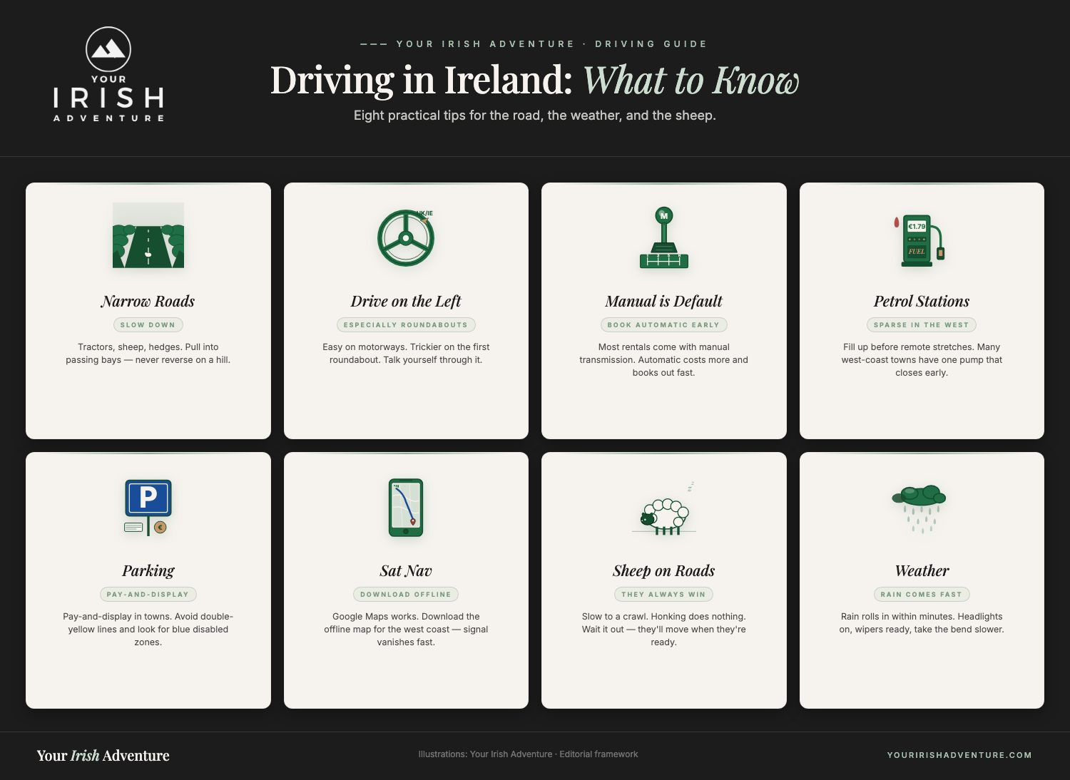 Eight-cell editorial card with practical Ireland driving tips: narrow roads, drive on the left, manual transmission default, petrol stations, parking, sat-nav, sheep on roads, and weather