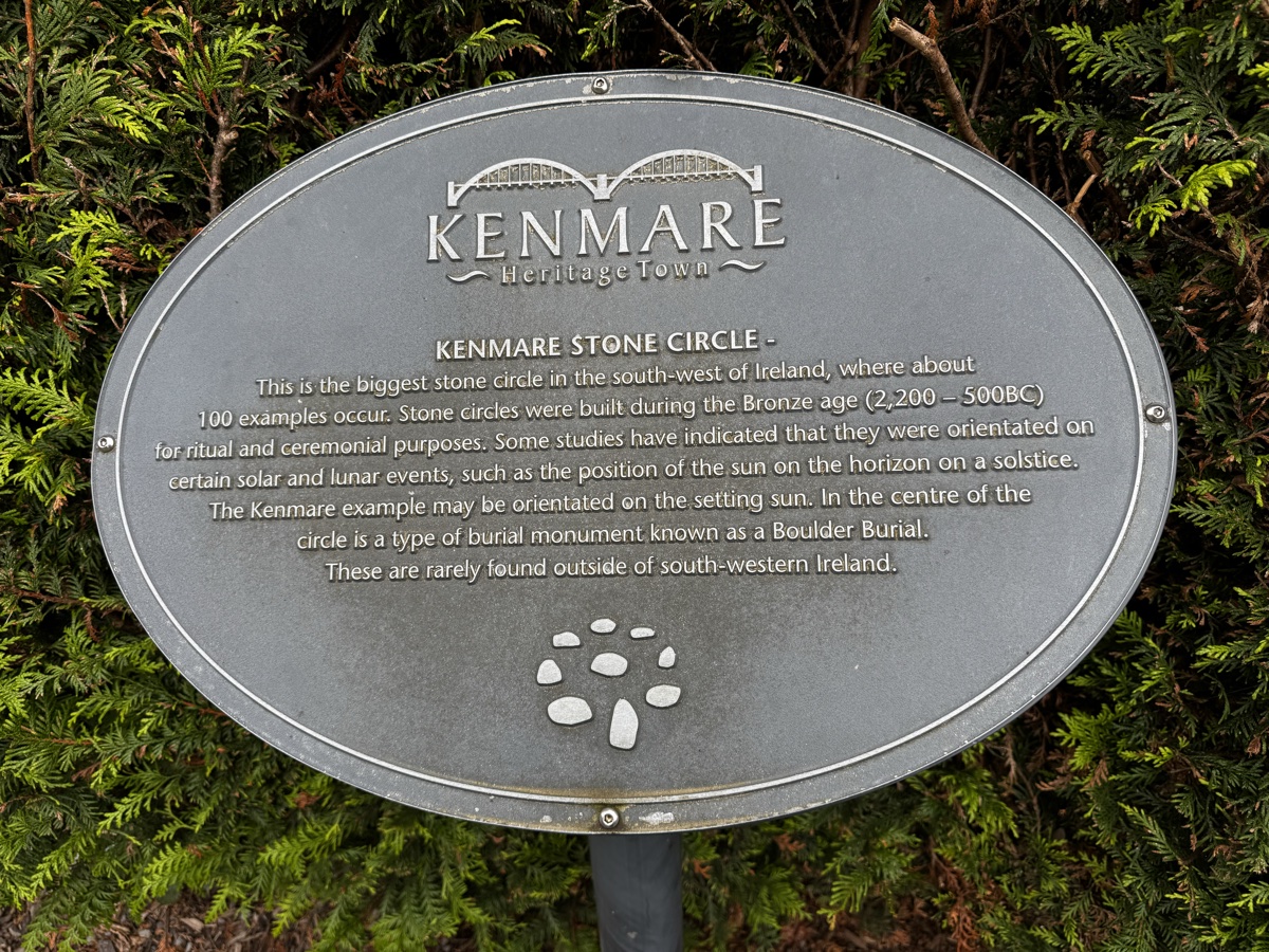Kenmare Heritage Town plaque describing the Bronze Age stone circle in Kerry, Ireland