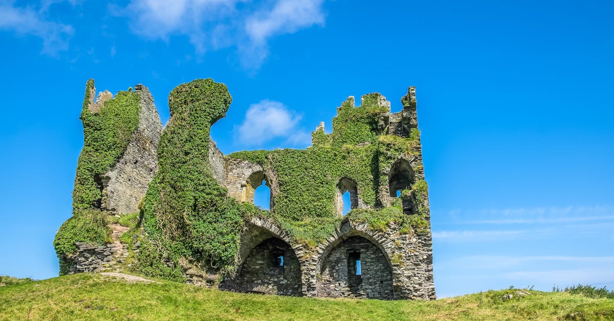 Explore the enchanting ruins of Ballycarbery Castle in Cahersiveen, Ireland, under a clear summer sky.