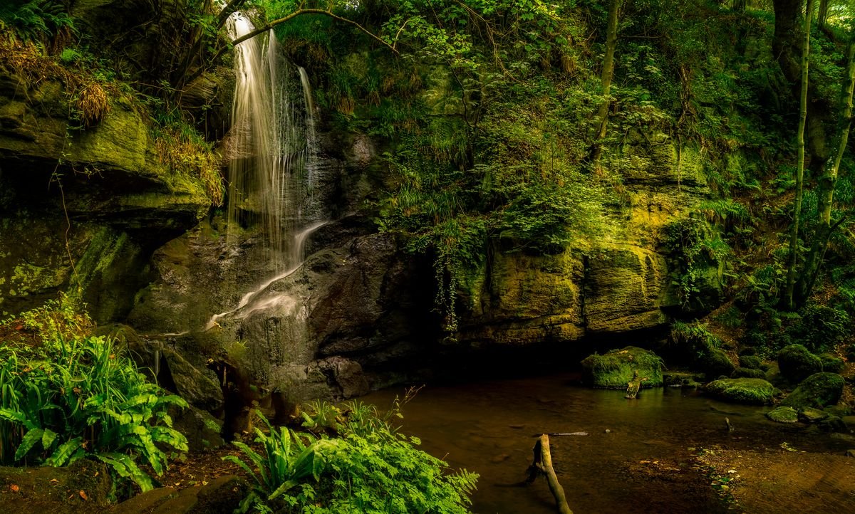 A waterfall in a wooded glen in the Glens of Antrim