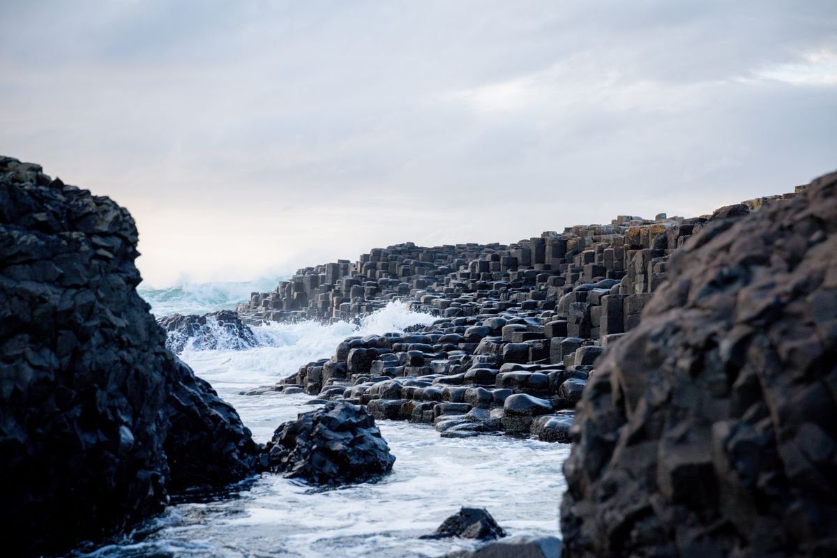 Waves crashing through the basalt columns at the Giant's Causeway