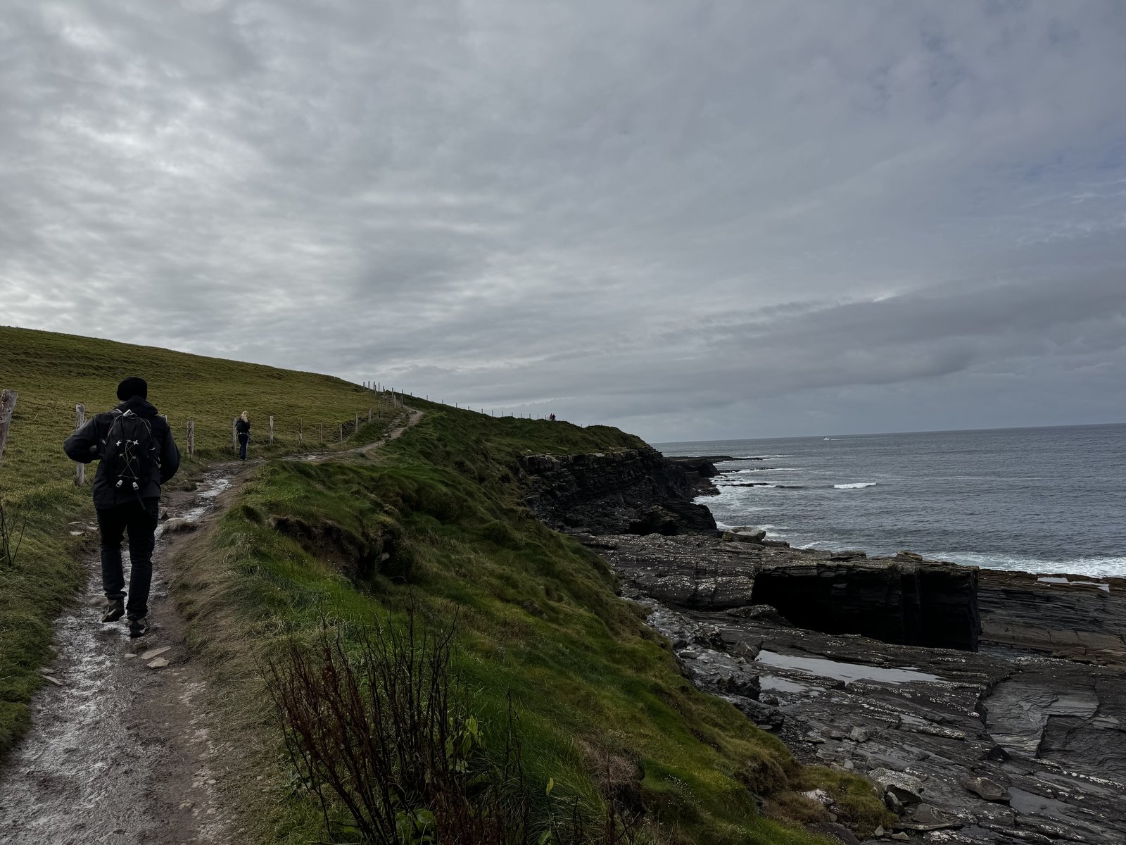 Hiker on the Cliffs of Moher coastal path with the Atlantic coast stretching behind