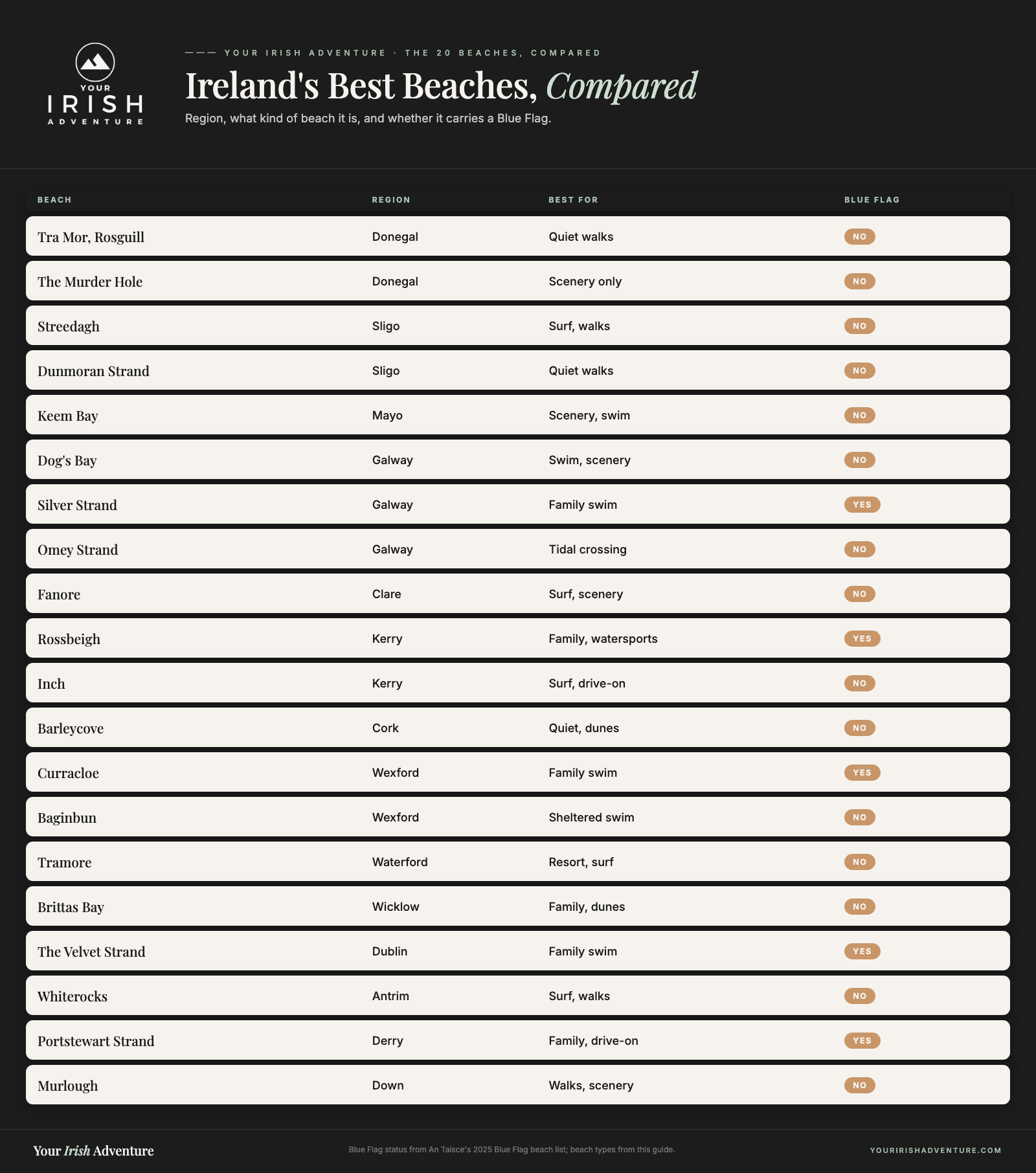Comparison table of 20 Irish beaches showing region, what each is best for, and whether it holds a Blue Flag award.