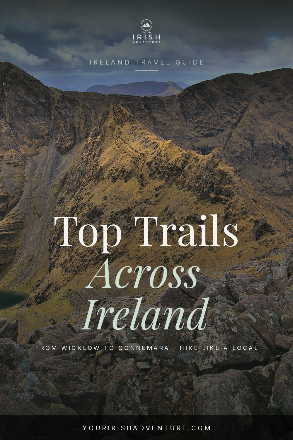 Mountain ridge walk in Connemara Ireland with lakes below and dramatic clouds