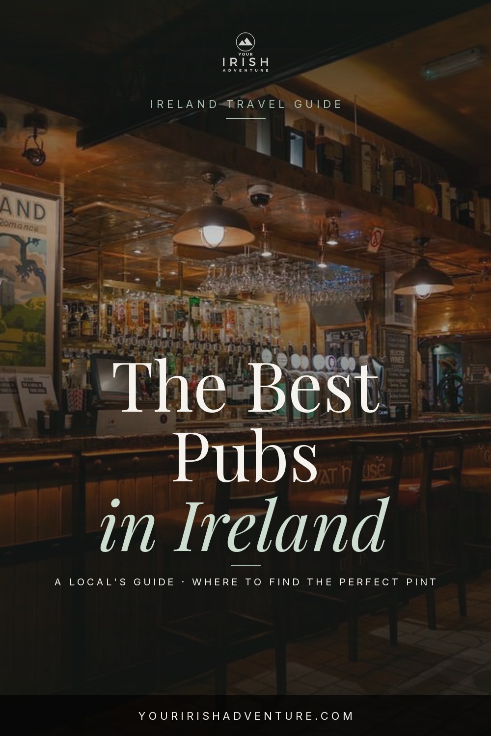 Traditional Irish pub front with a fresh pint of stout on a wooden bar