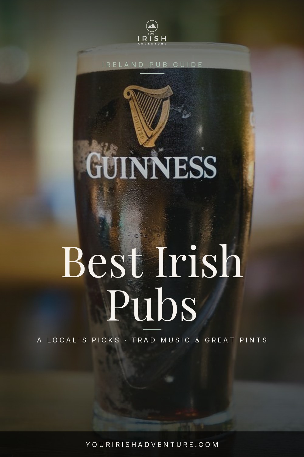 Musicians playing a traditional music session in a busy Irish pub at night
