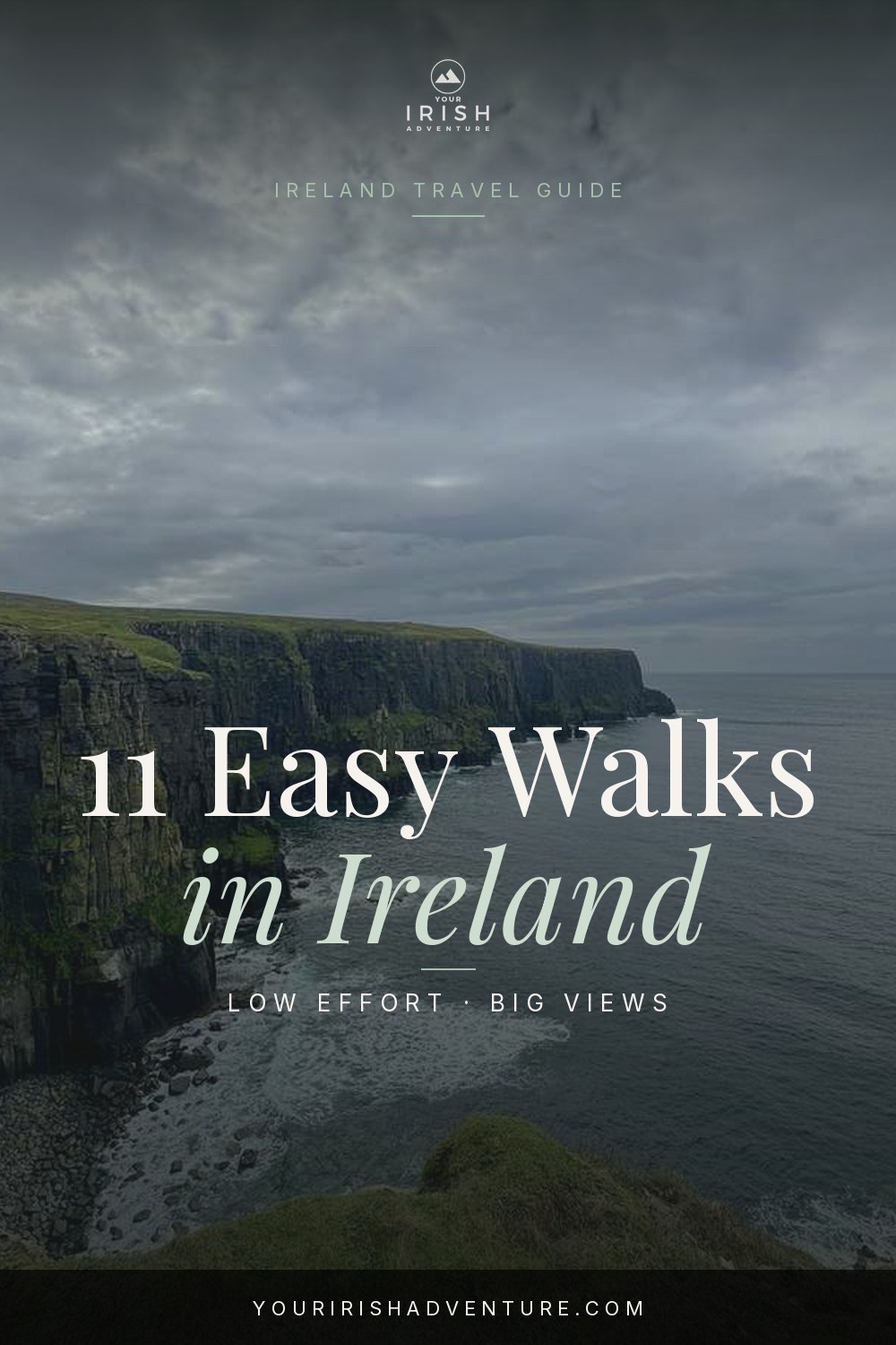 Coastal walking path along green cliffs in Ireland with the Atlantic Ocean in the background