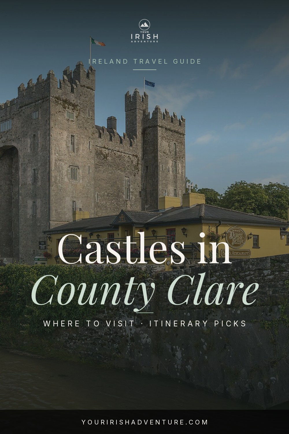 Stone castle ruin in County Clare Ireland with green fields for a road trip itinerary