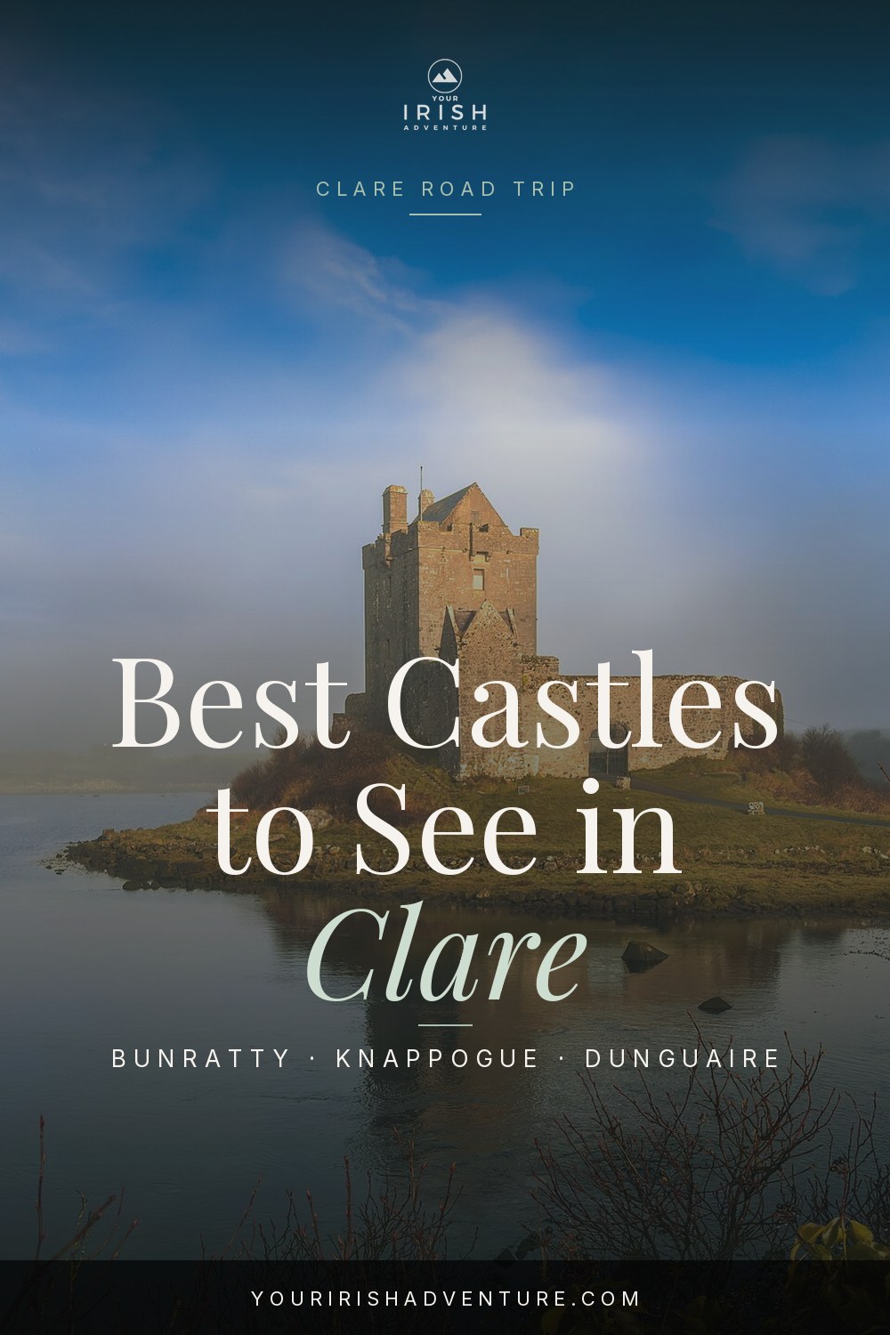 Medieval castle tower in Clare Ireland surrounded by countryside on a road trip stop