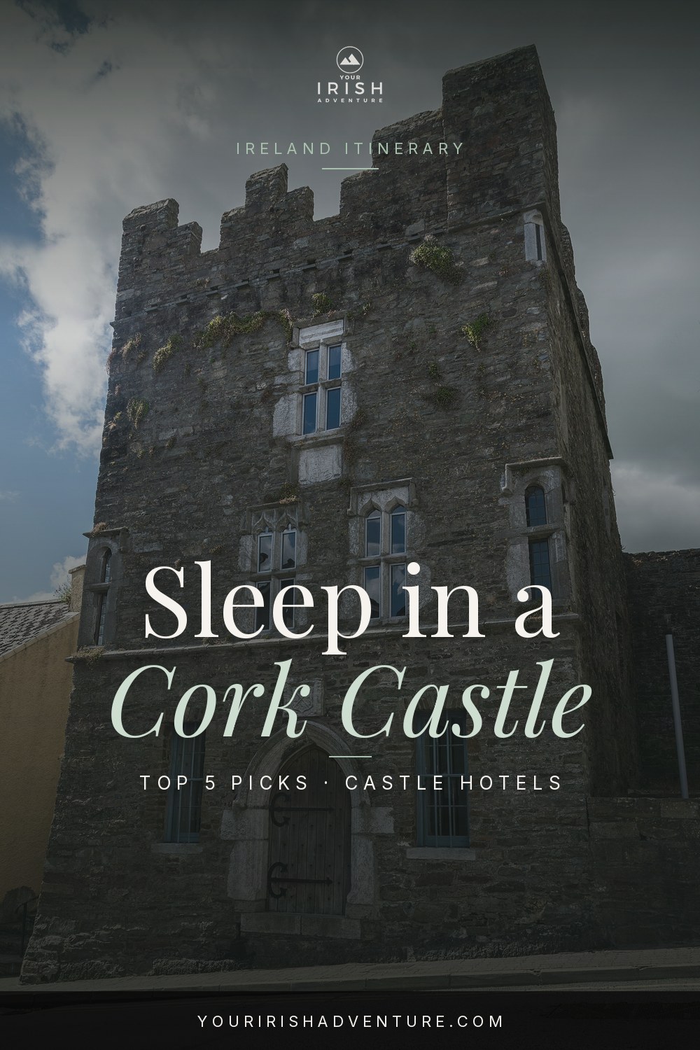 Historic Cork castle hotel exterior in Ireland with ivy walls and a sign for castle stays