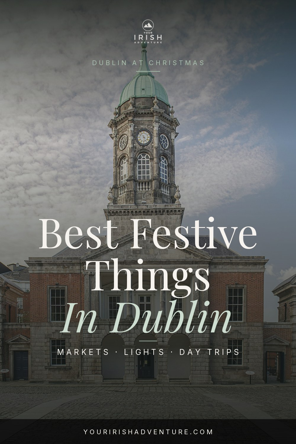 Dublin Christmas market stalls at night with wooden huts twinkling lights and shoppers in winter coats