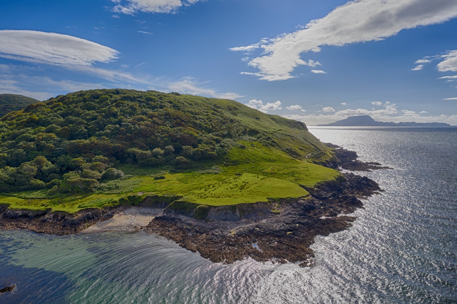 Green headland and islands on Clew Bay in County Mayo