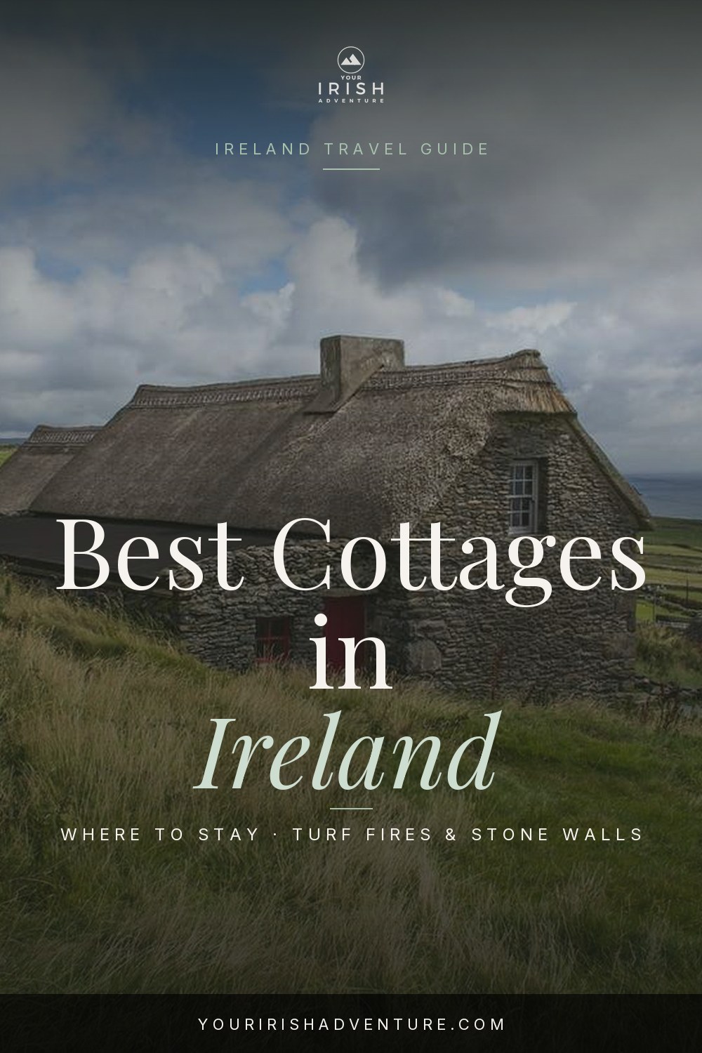 Whitewashed stone cottage with a turf fire and green fields in rural Ireland