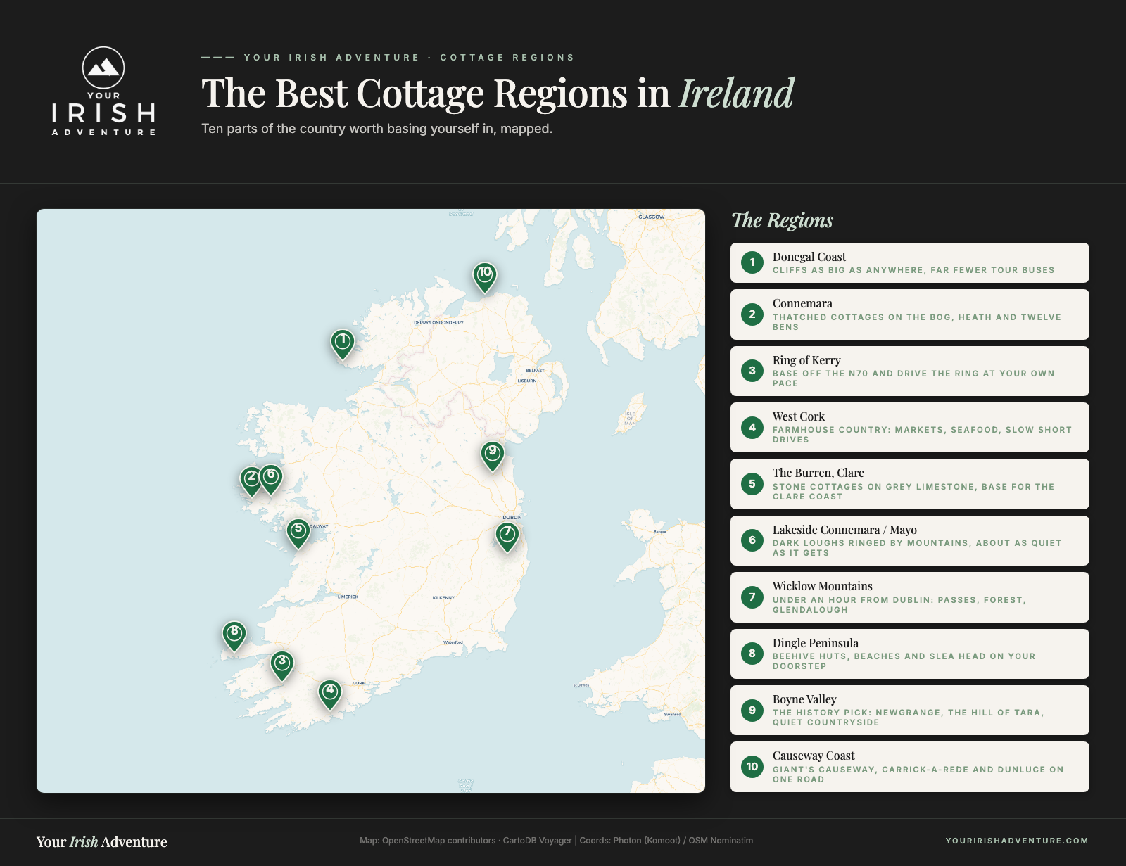 Map showing where the best cottages in Ireland are, from Donegal and Connemara down to the Ring of Kerry and across to the Causeway Coast