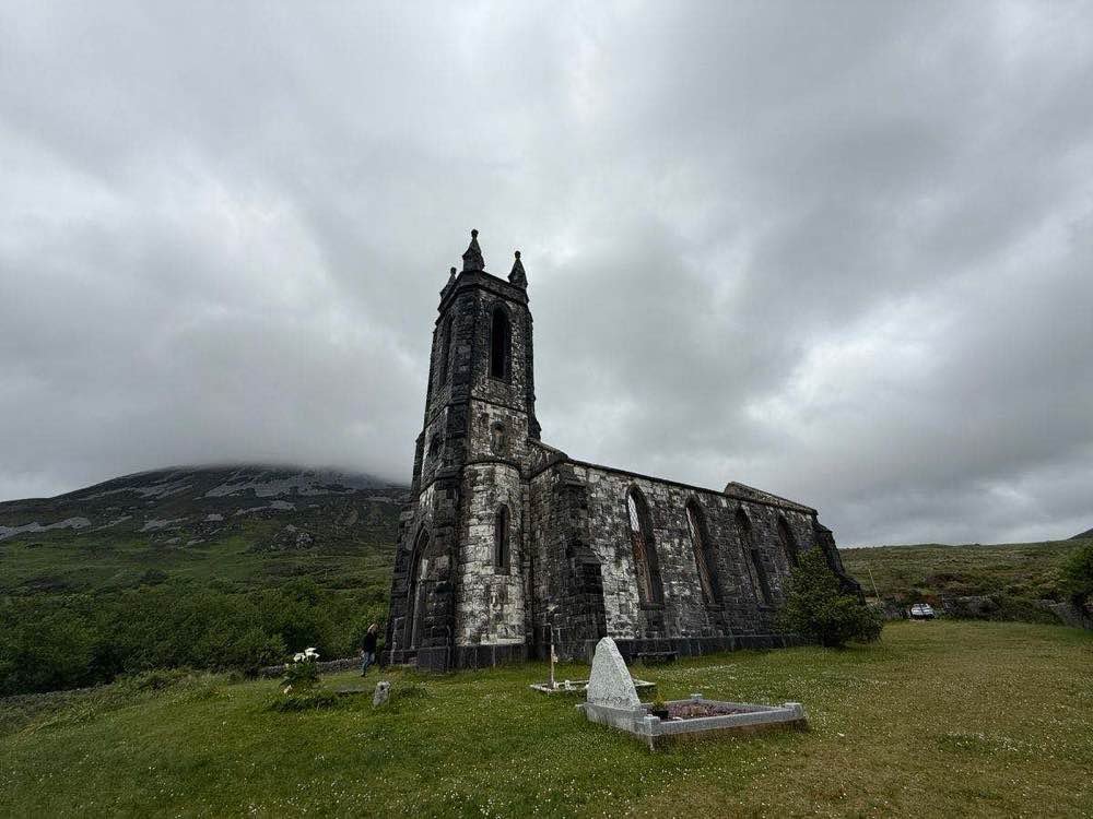 The Dunlewey church ruins below Errigal mountain in cloud