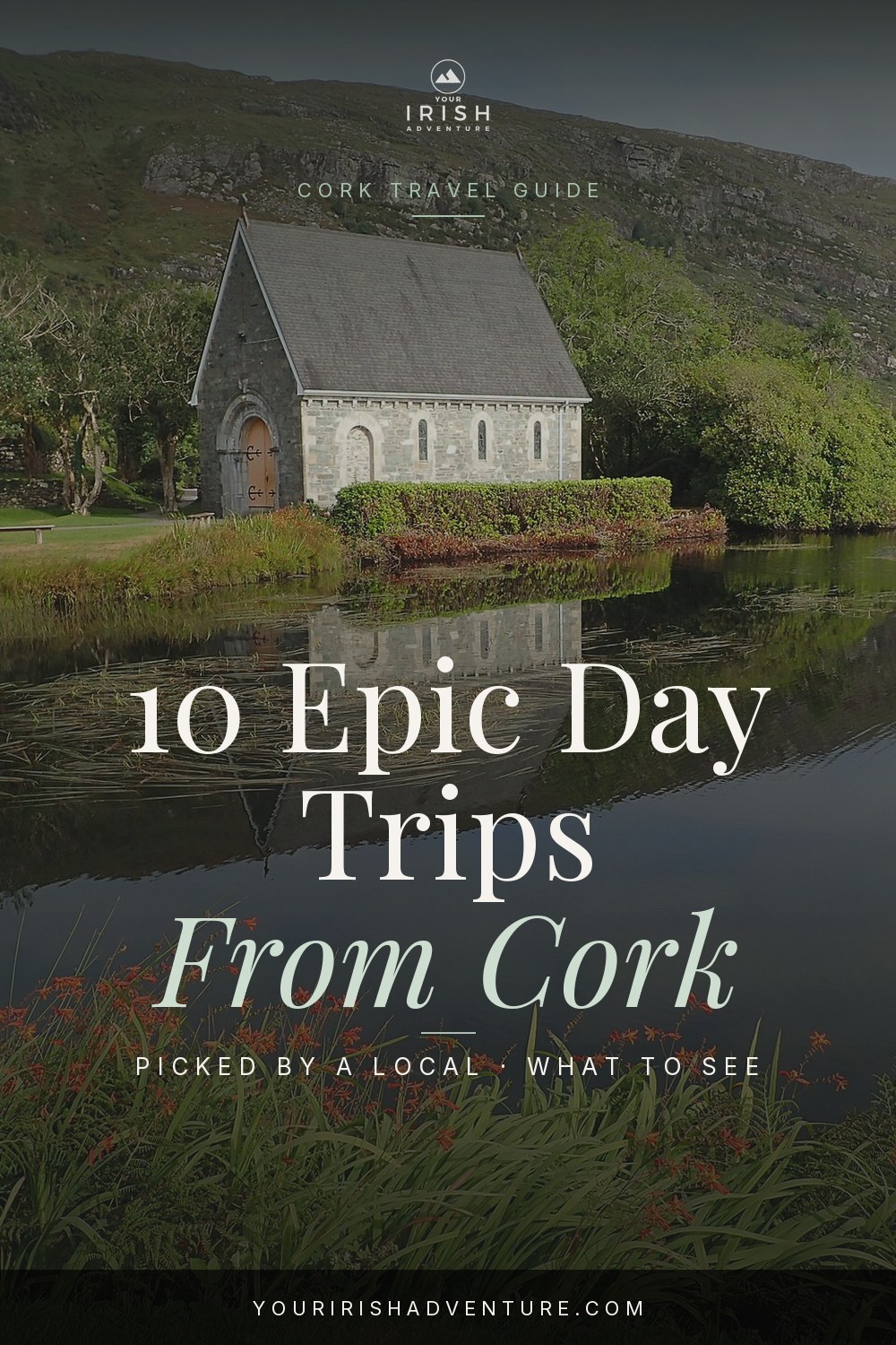 Coastal road and green countryside near Cork Ireland with title overlay for day trips from Cork