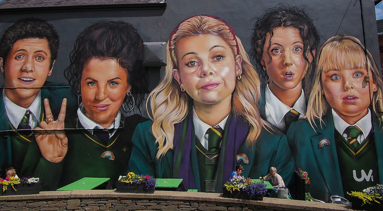 The Derry Girls mural on the side of Badger's Bar in Derry