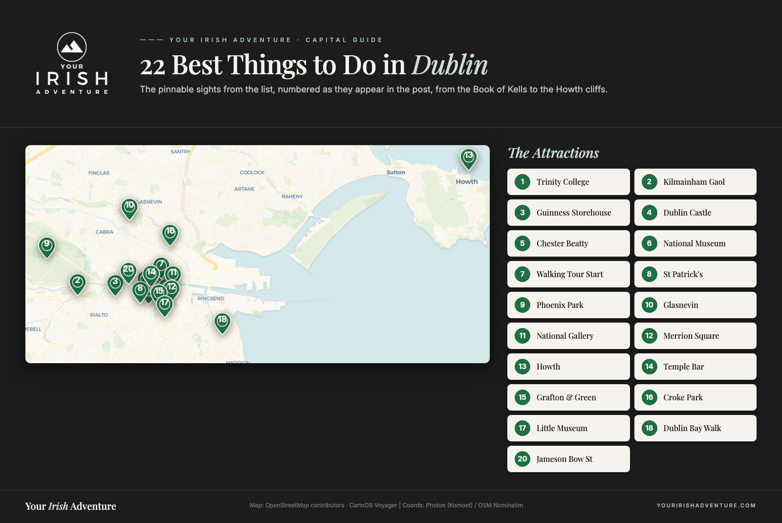 Map of Dublin showing the best things to do from the post, numbered pins from Trinity College to Howth