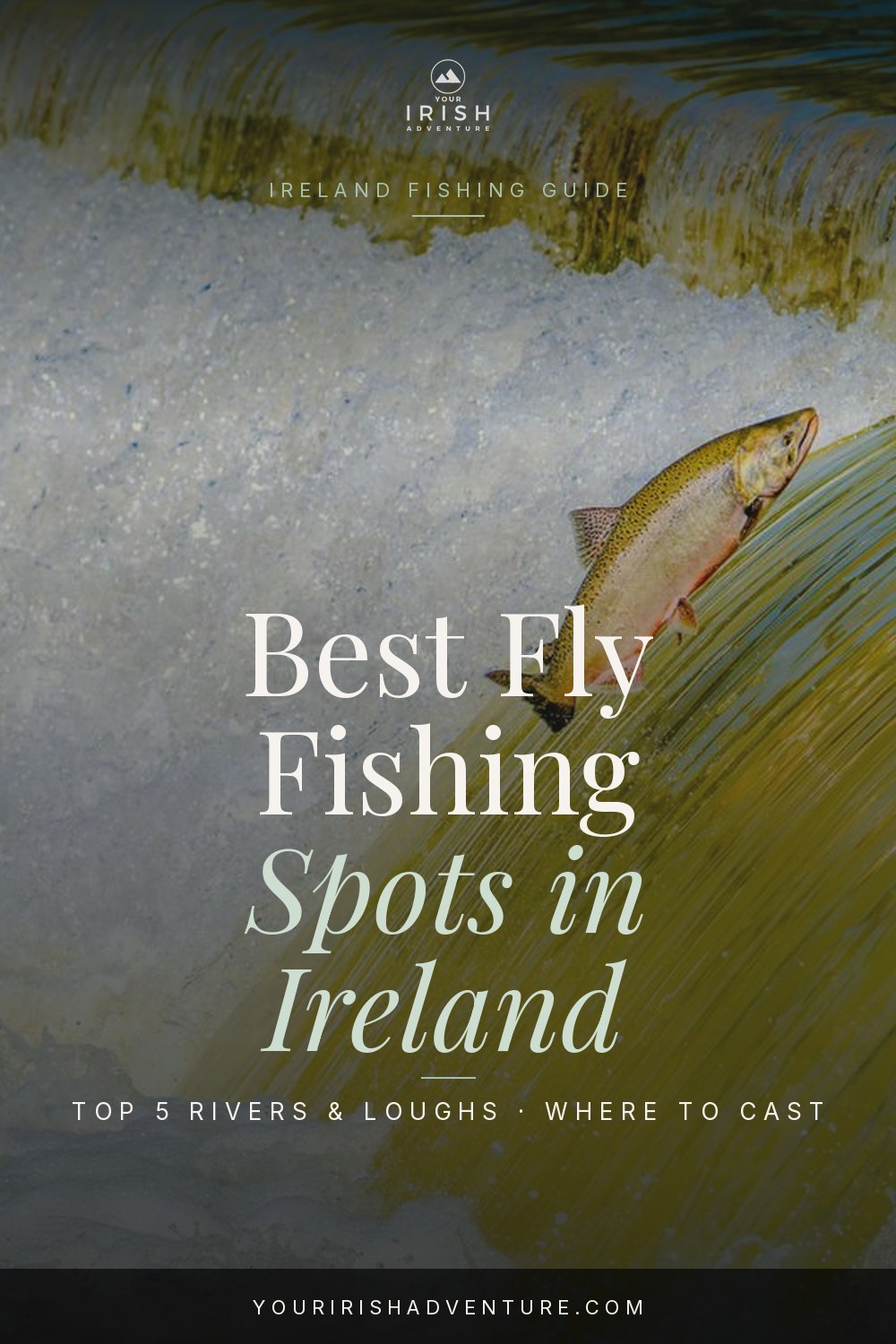 Angler casting a fly line on a calm Irish river at golden hour with green hills in the background