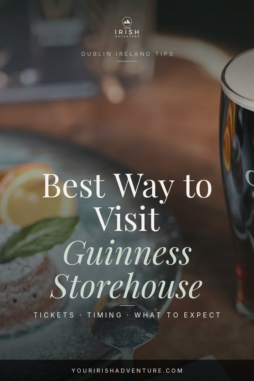 Pint of Guinness at the Gravity Bar rooftop in Dublin with Guinness Storehouse ticket tips overlay