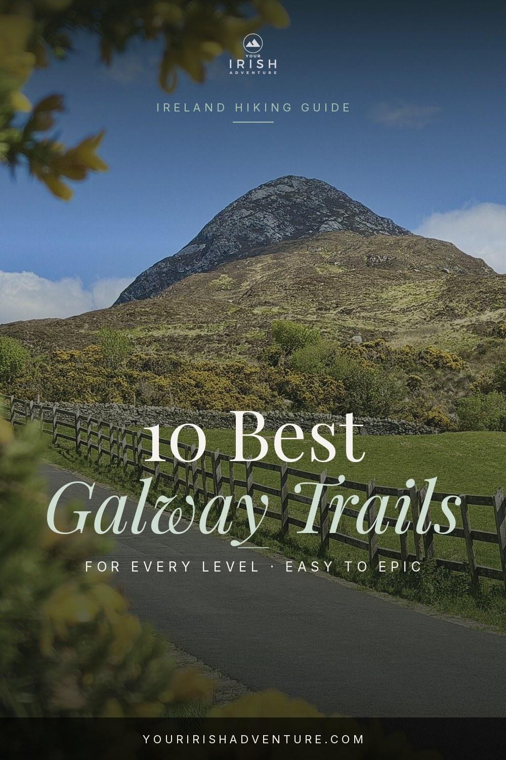 Hiker on a rocky coastal trail in County Galway Ireland with green hills and ocean view