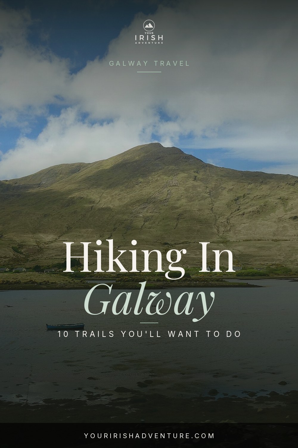 Walking path through Connemara mountains in Galway Ireland with bog and lakes in the distance