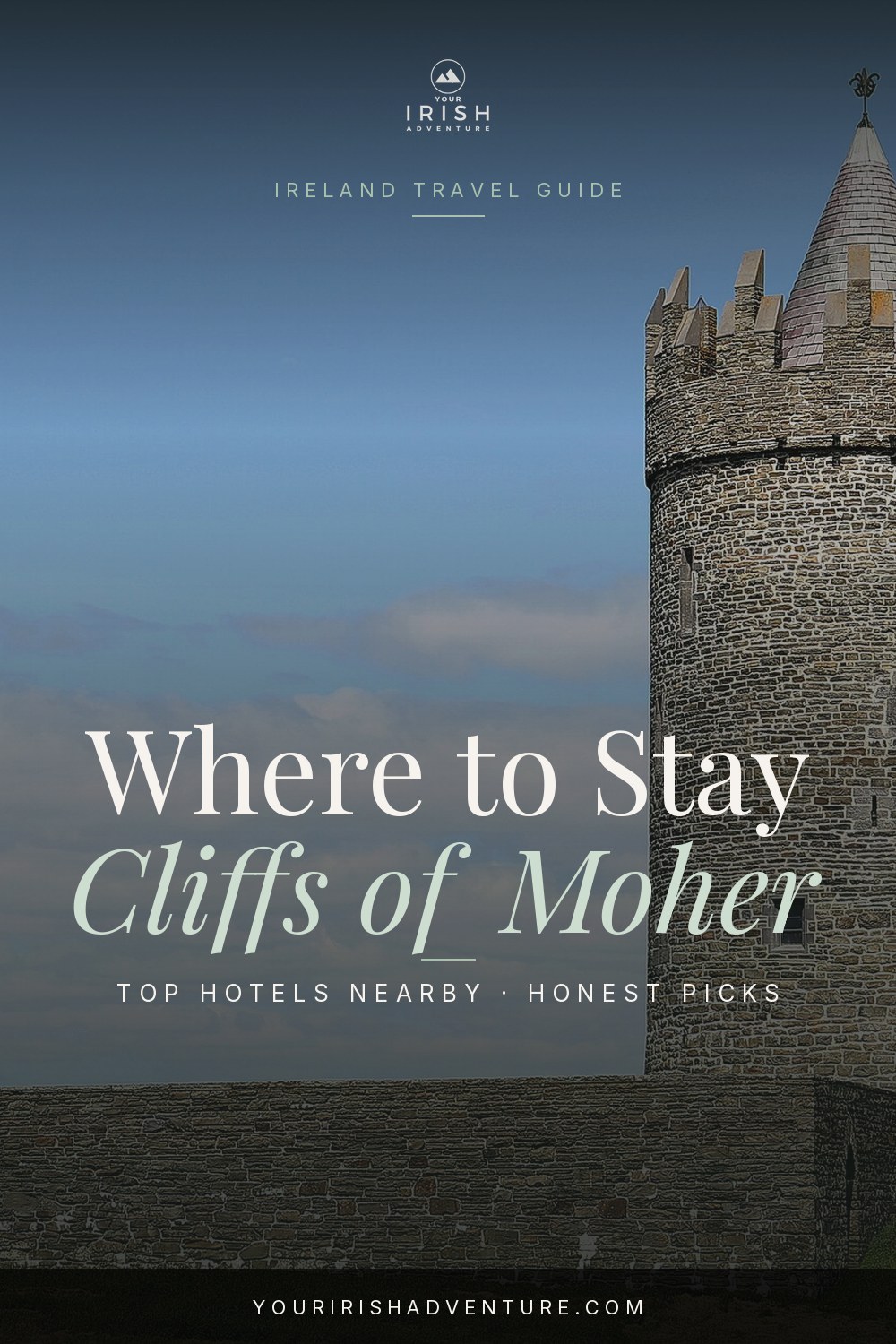 Cliffs of Moher coastline at golden hour with hotel pin overlay for Ireland trip planning
