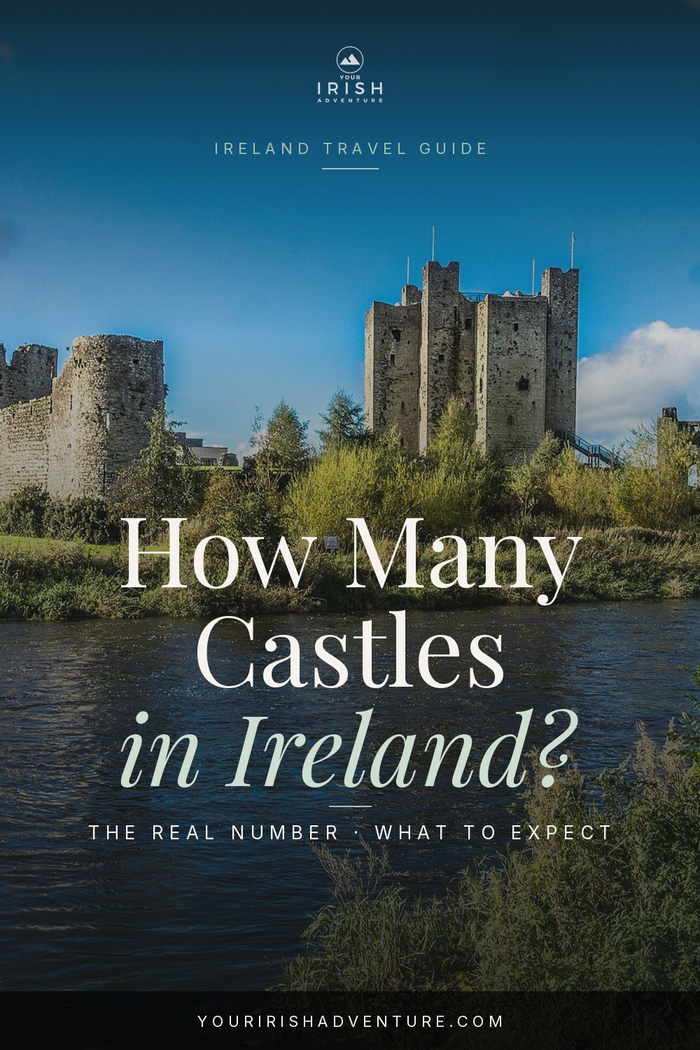 Stone Irish castle ruins on a green hill with cloudy sky and Pinterest pin text overlay