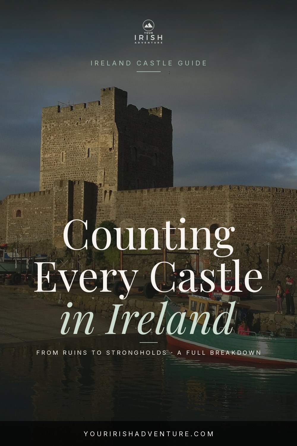 Medieval Irish tower house castle by a lake with green fields and Pinterest pin text overlay