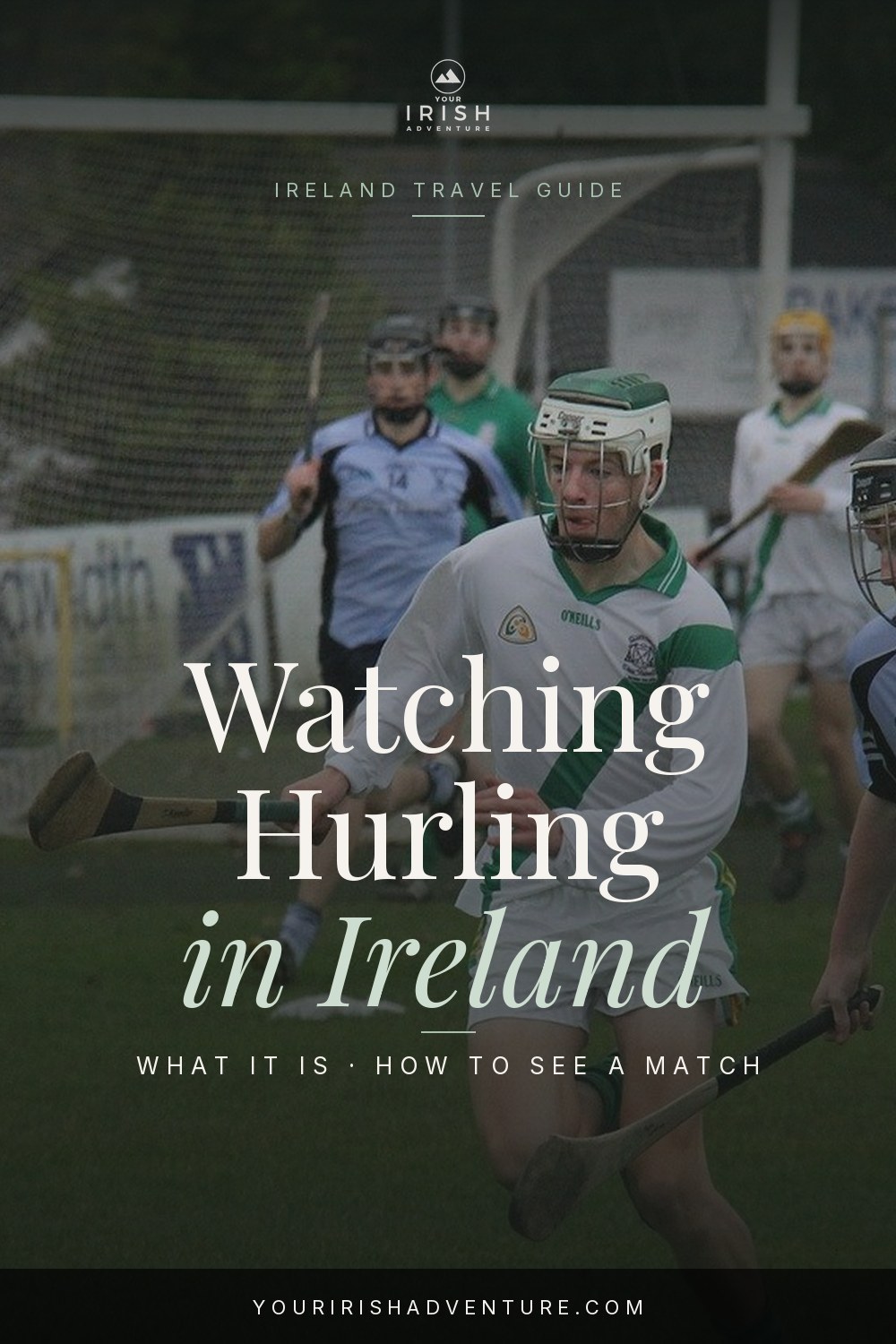 Hurlers in county colors battling for the ball during a summer championship match in Ireland