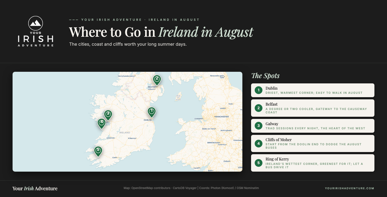 Map of Ireland marking Dublin, Belfast, Galway, the Cliffs of Moher and the Ring of Kerry for an August trip