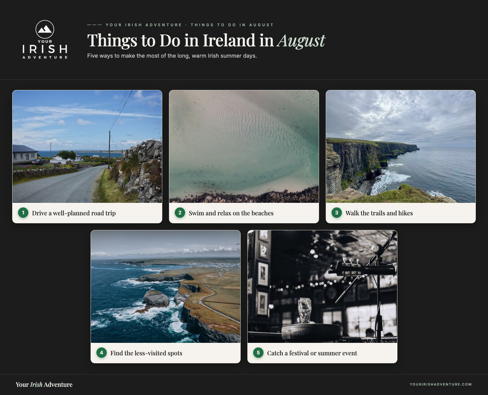 Five things to do in Ireland in August: a road trip, a west-coast beach swim, a coastal hike, a quiet hidden spot, and a summer festival