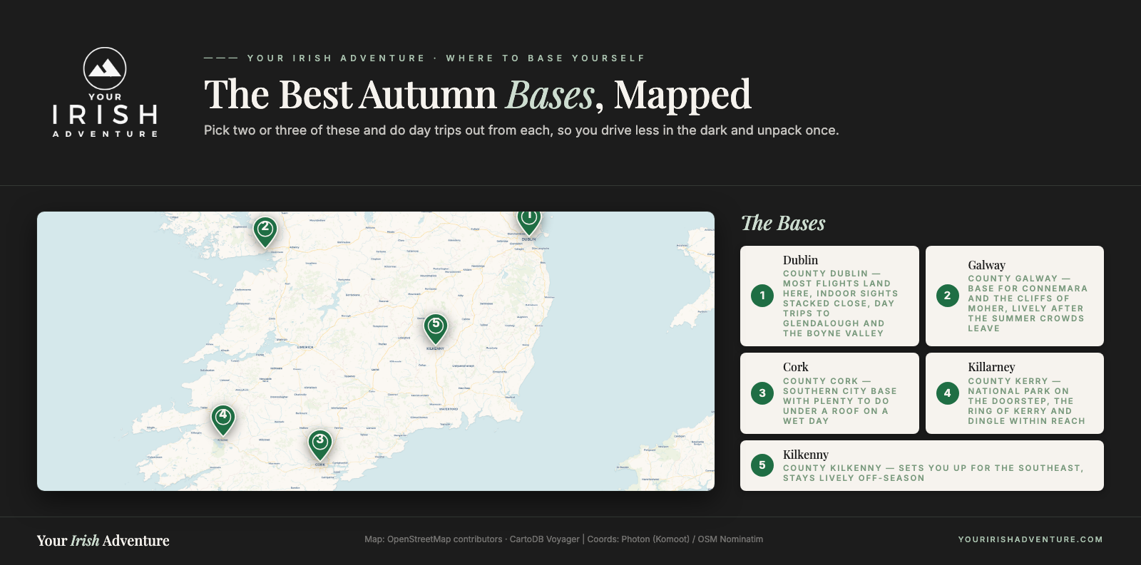 Map of Ireland with numbered pins for the best autumn base towns: Dublin, Galway, Cork, Killarney and Kilkenny