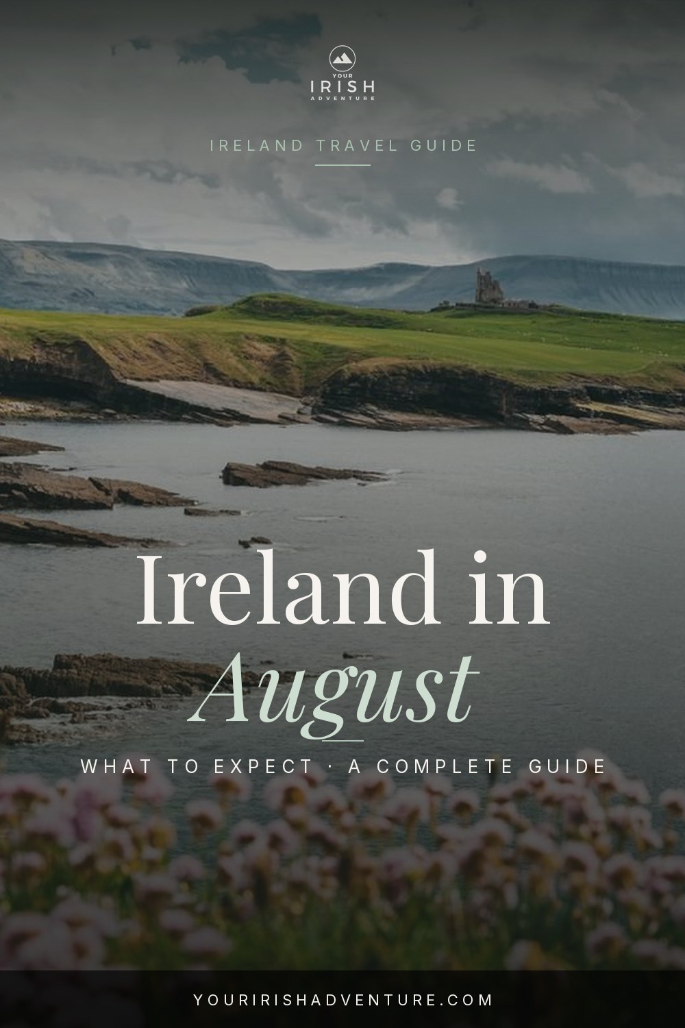 Sunny coastal cliffs in Ireland in August with green fields and blue Atlantic water