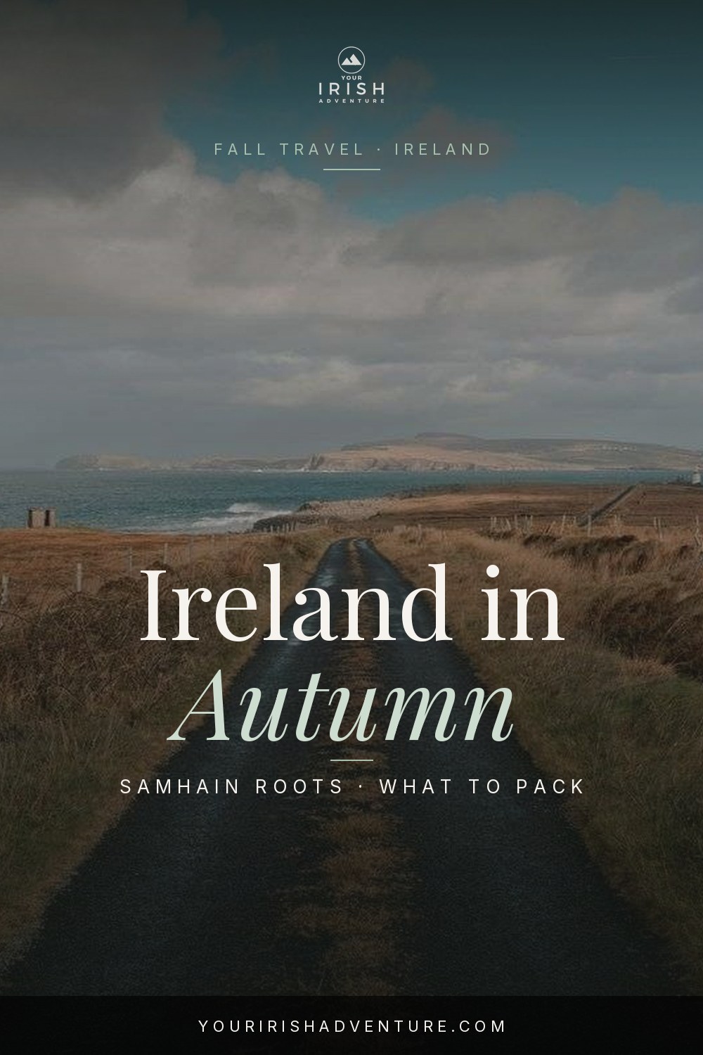 Stone cottage and golden trees in the Irish countryside with low autumn light and misty fields