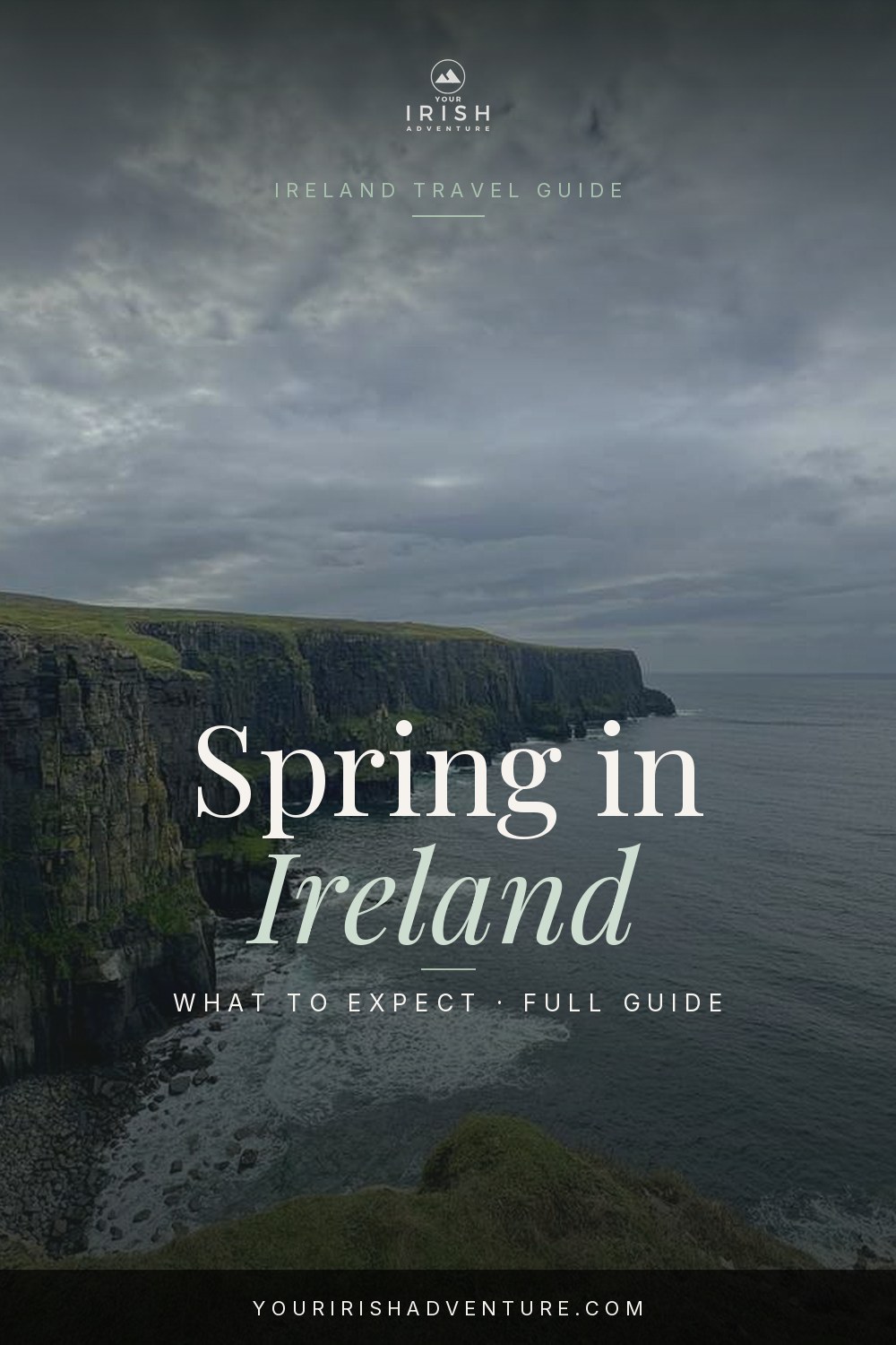 Spring landscape in Ireland with green hills and wildflowers along a country road