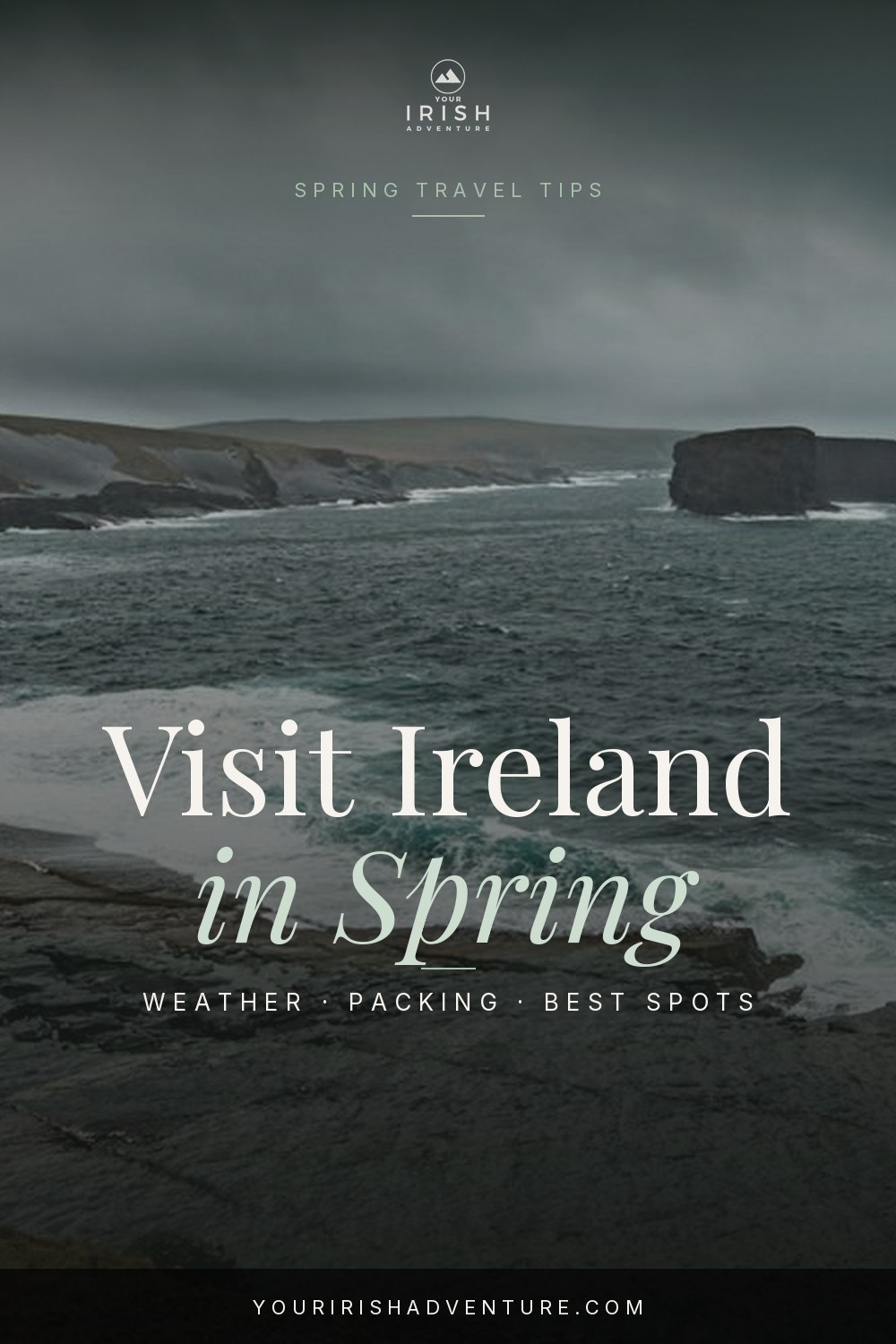Quiet Irish coastal cliffs and blooming countryside on a bright spring day