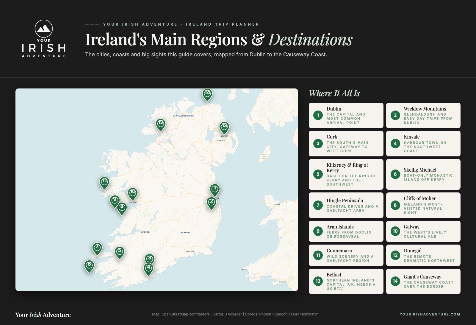 Map of Ireland showing the main regions and destinations in this guide, numbered from Dublin and the Wicklow Mountains to Belfast and the Giant's Causeway