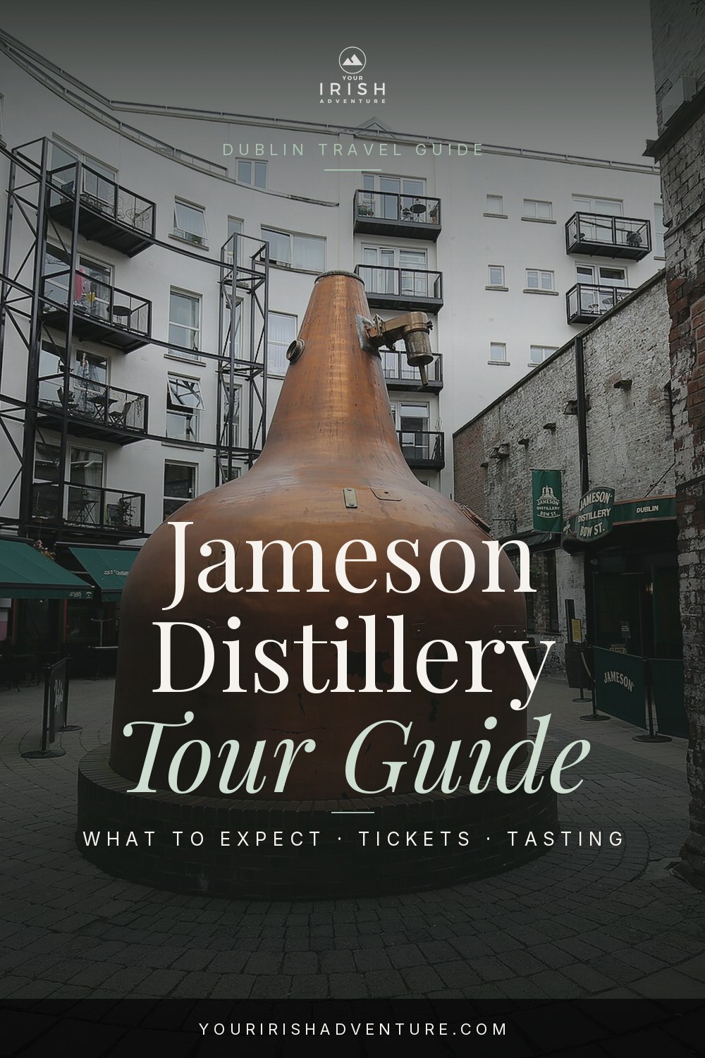 Jameson Distillery Bow Street building in Dublin with copper pot stills inside the tour