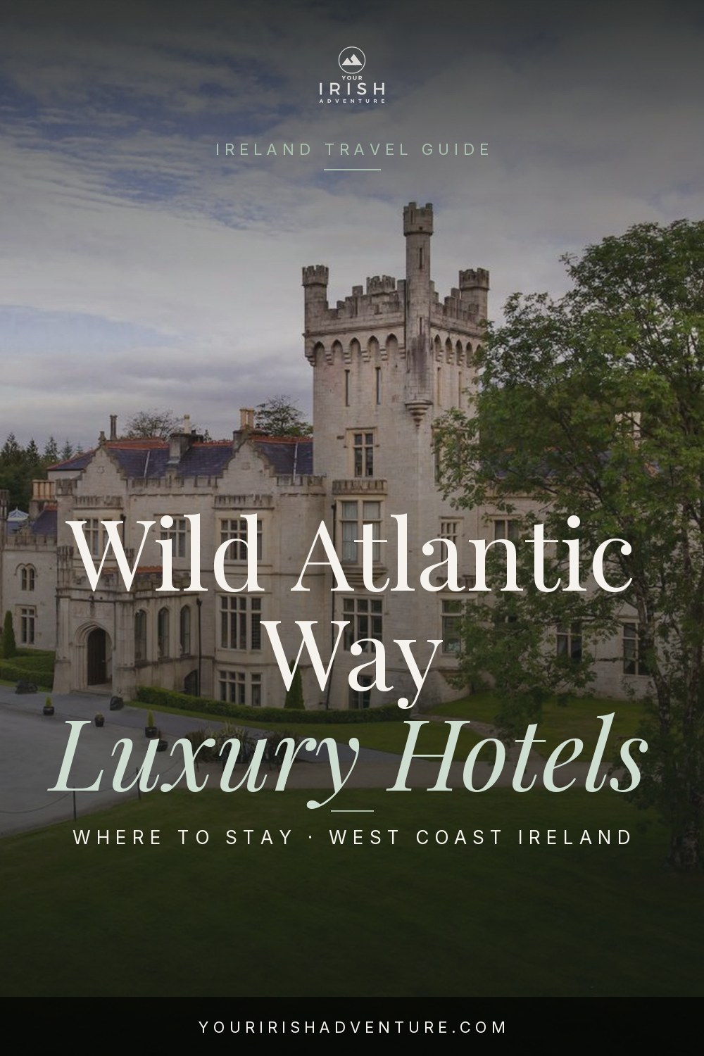 Wild Atlantic Way coastline with a luxury hotel overlooking the Atlantic in Ireland