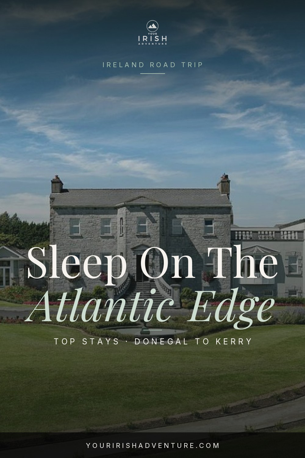 Cliffside luxury hotel on the west coast of Ireland with ocean views at sunset